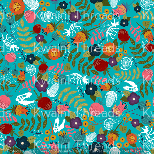 Fabric Mama Dinks Blue Dino Skeletons Fabric On Demand Pre Order