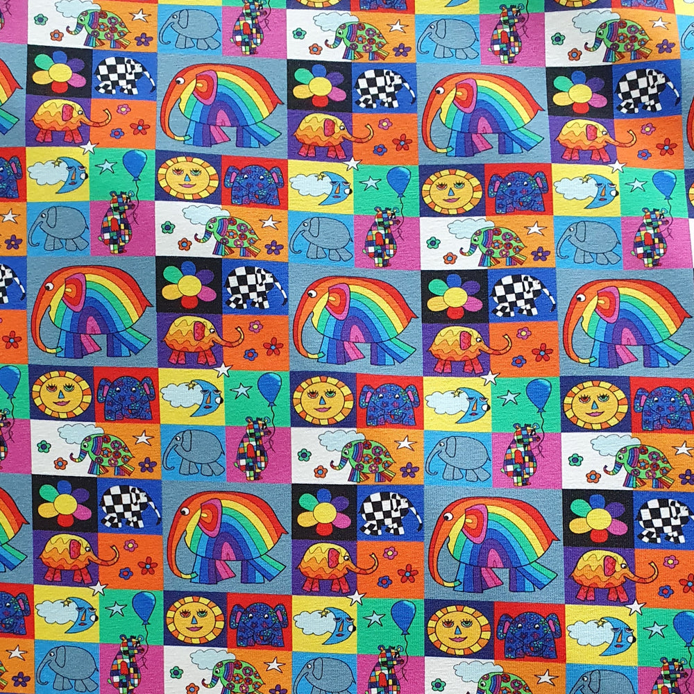 Karly Art Elephant Rainbow Patchwork Organic Cotton Lycra Fabric