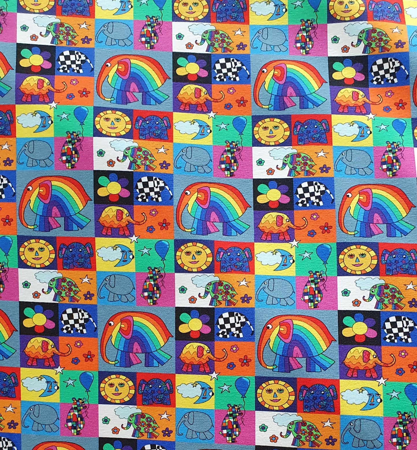 Karly Art Elephant Rainbow Patchwork Organic Cotton Lycra Fabric