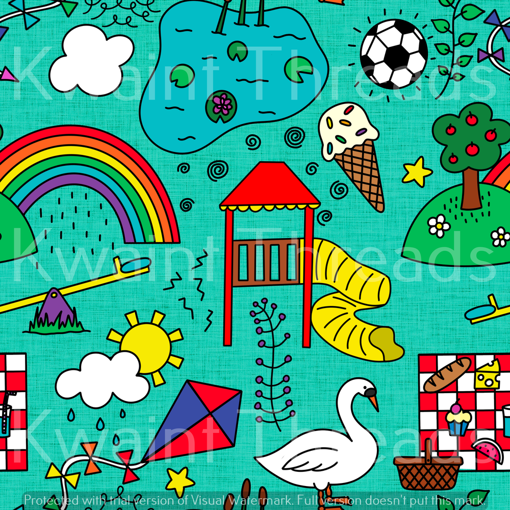 Fabric Mama Picnic at the Park Rainbow Swans Fabric On Demand Pre Orde