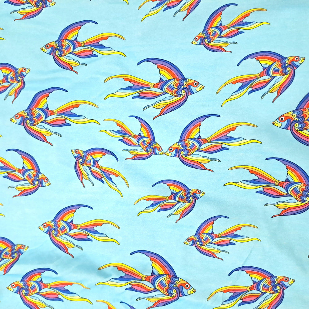 Karly Art Rainbow Fish Blue Turquoise Cotton Lycra Fabric