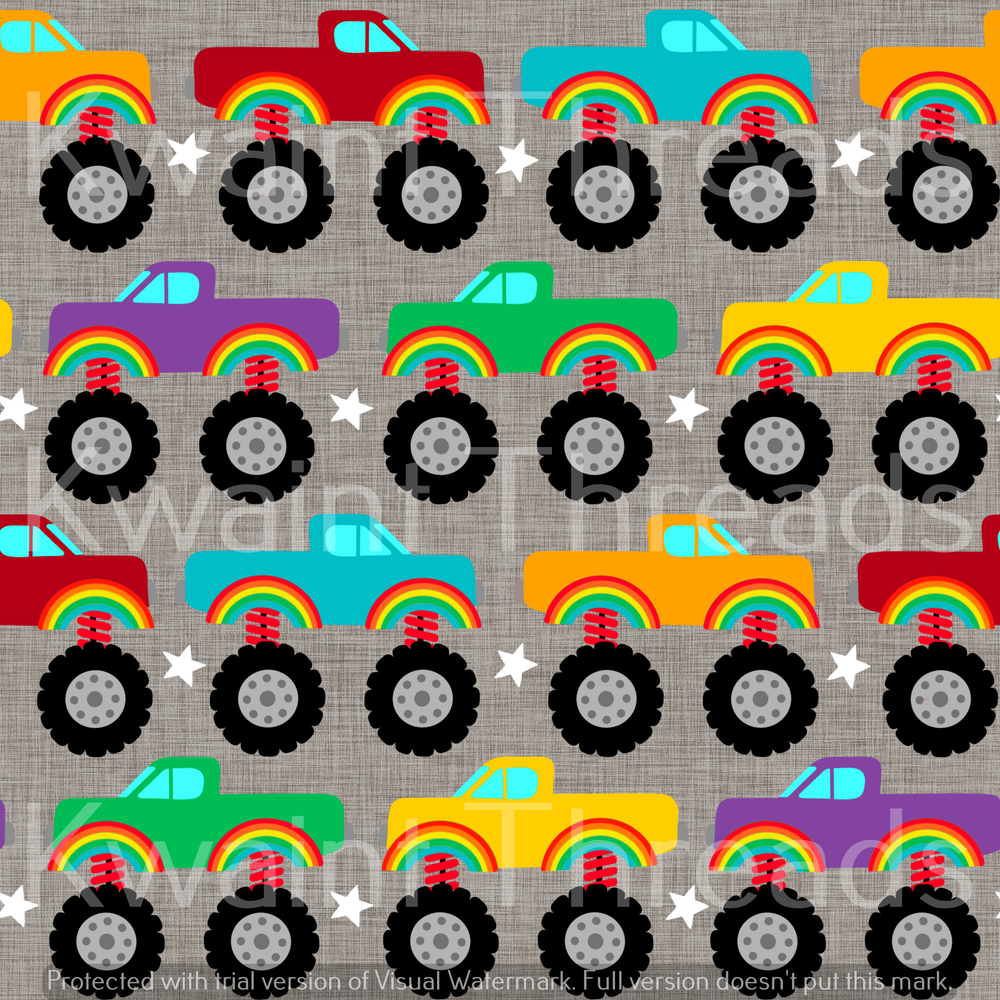 Fabric Mama Monster Trucks Rainbow Fabric On Demand Pre Order