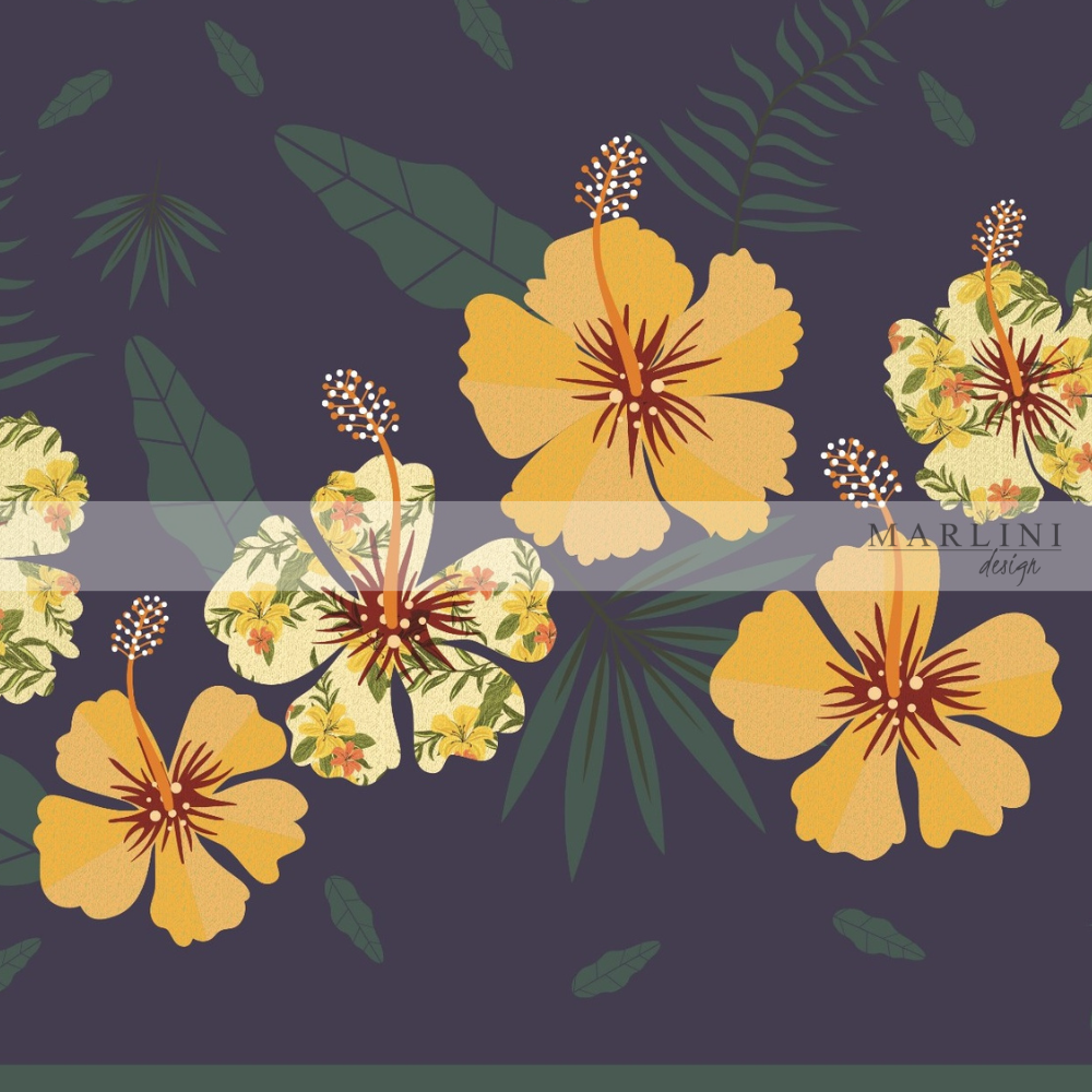 Marlini Hibiscus Yellow Border Print