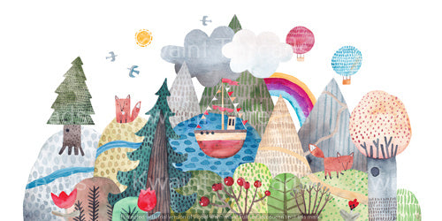 Kwaint Watercolour Boat Village Double Border Panel Preorder On Demand Pr