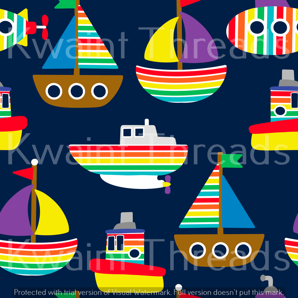 Fabric Mama We are sailing Rainbow Boats Fabric On Demand Pre Order