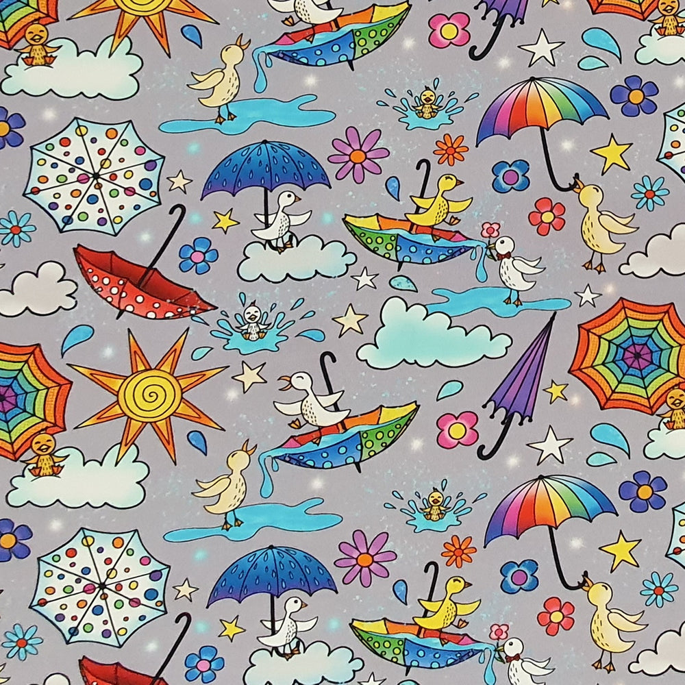 Karly Art Ducks And Umbrellas Grey Organic Cotton Lycra Jersey Knit Fabric