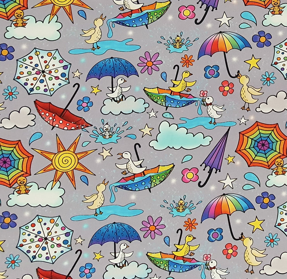 Karly Art Ducks And Umbrellas Grey Organic Cotton Lycra Jersey Knit Fabric