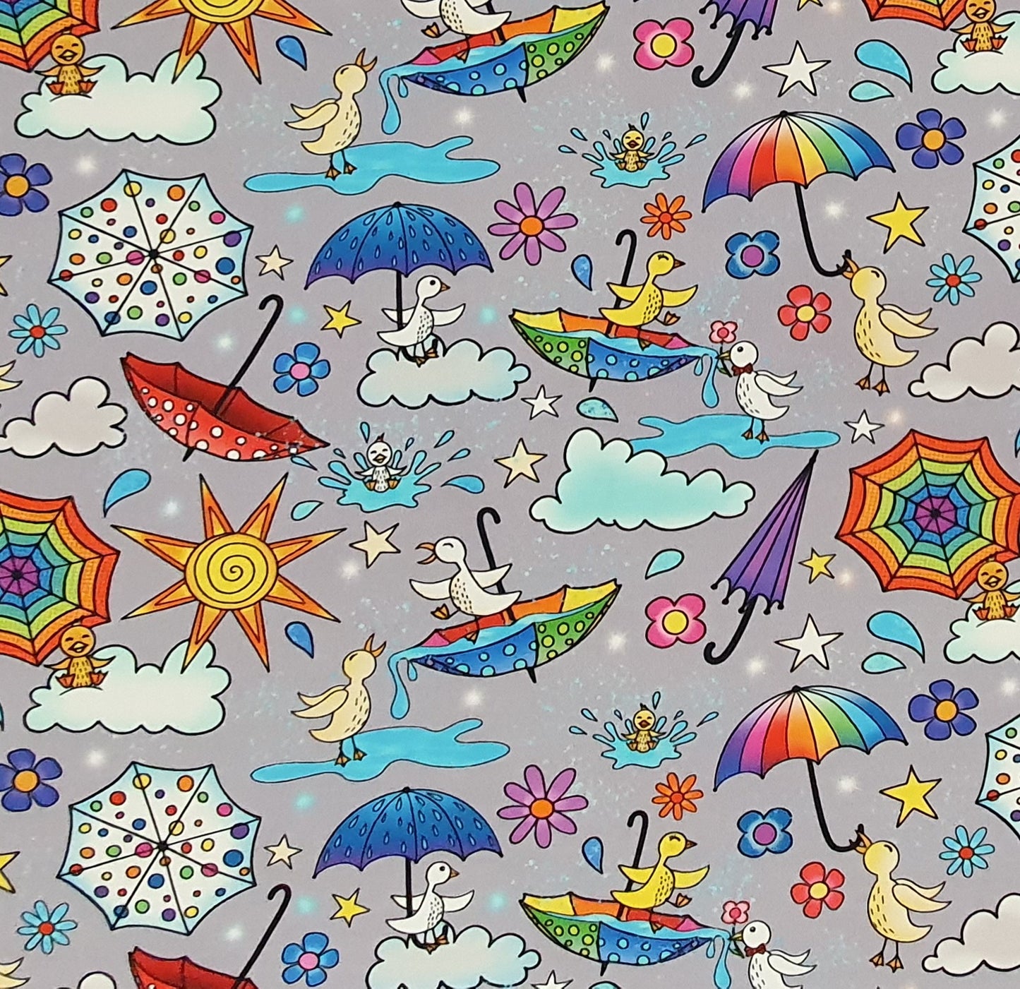 Karly Art Ducks And Umbrellas Grey Organic Cotton Lycra Jersey Knit Fabric