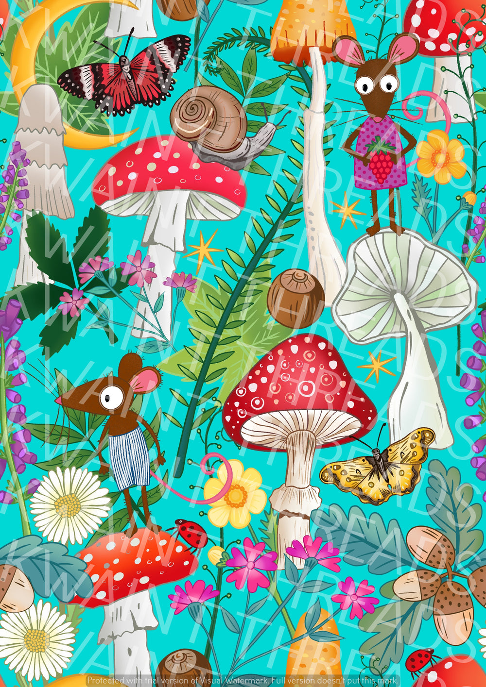 Karly Art Mouse and Mushrooms Teal Blue Fabric On Demand Pre Order