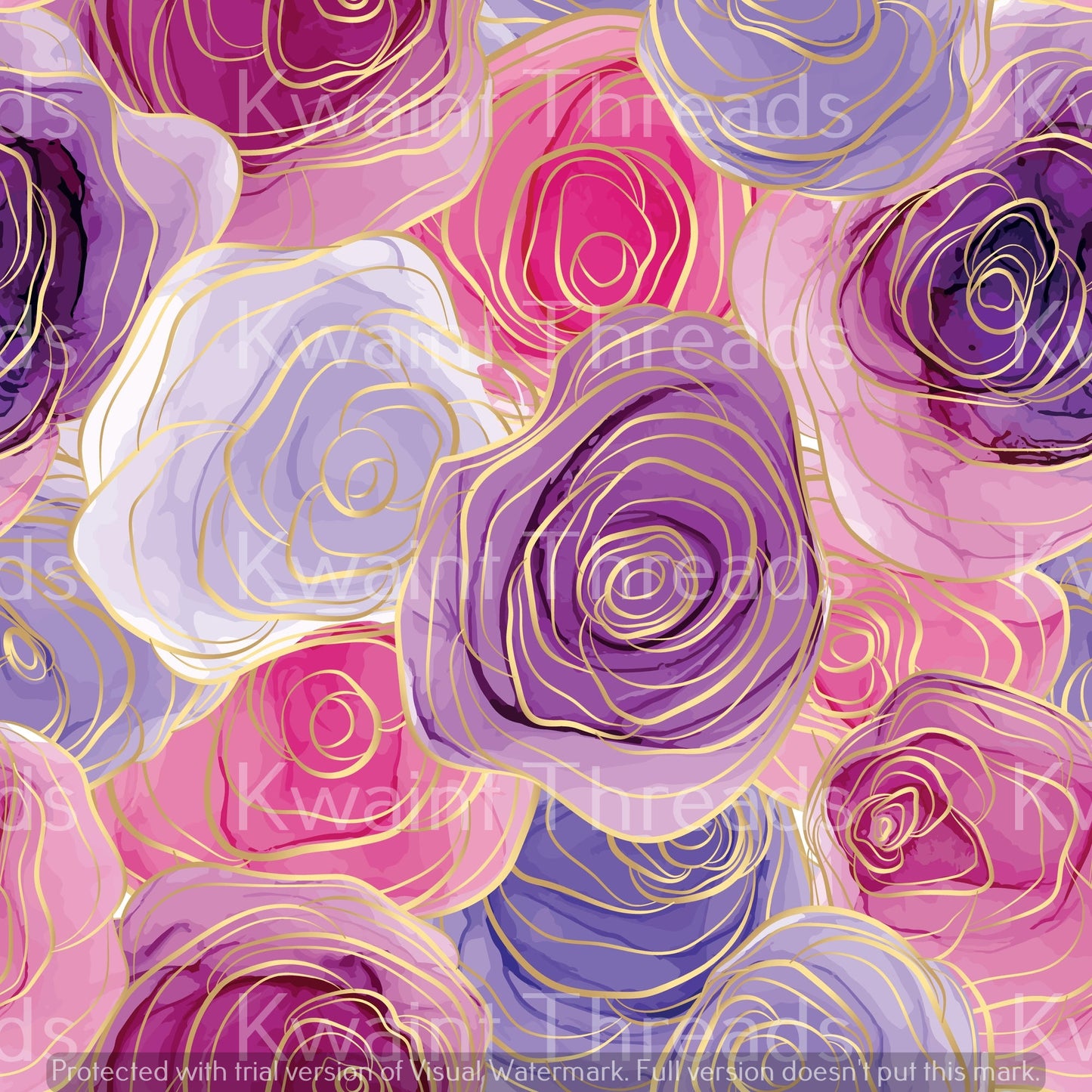 Kwaint Purple flowers with gold Pre order Fabric