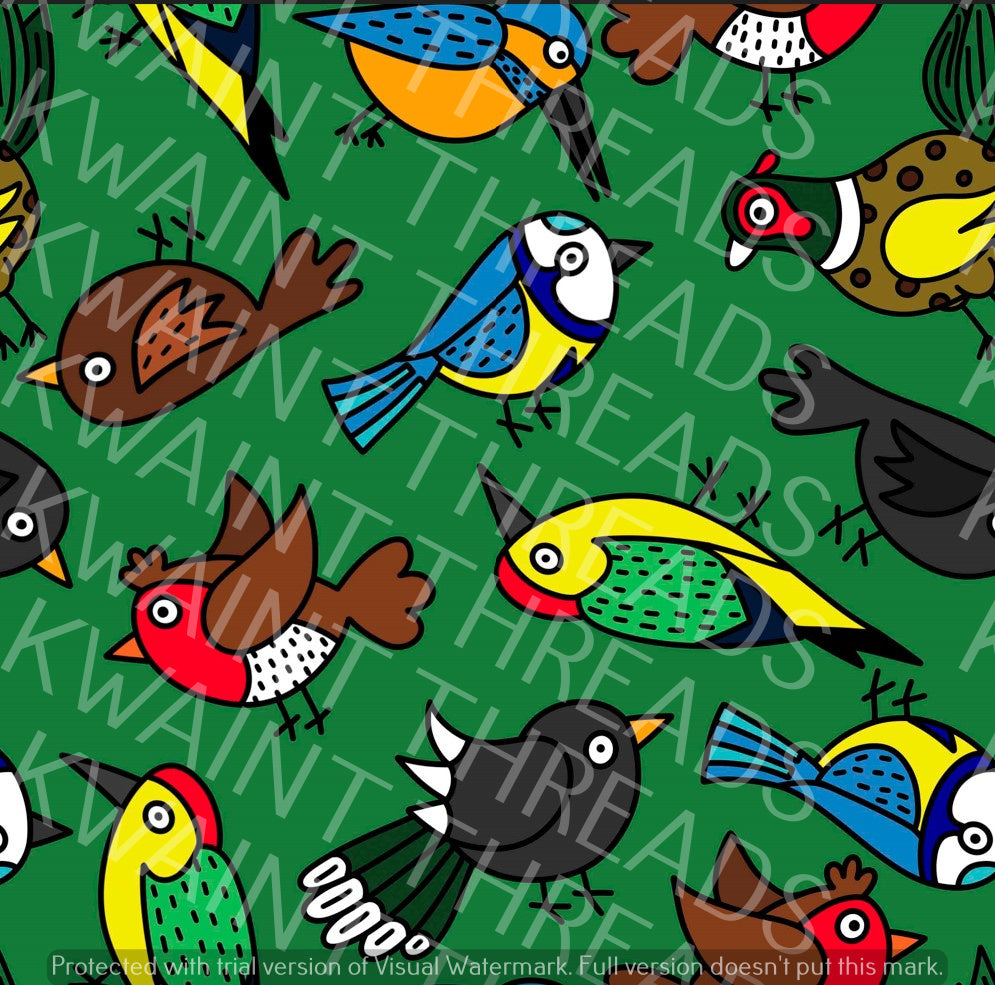 Fabric Mama Birds Variety Green Fabric On Demand Pre Order