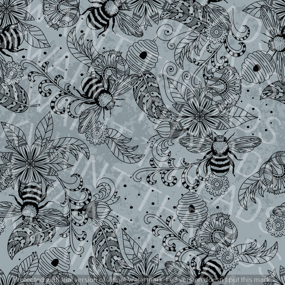 Fabric Mama Bees Monochrome Grey Fabric On Demand Pre