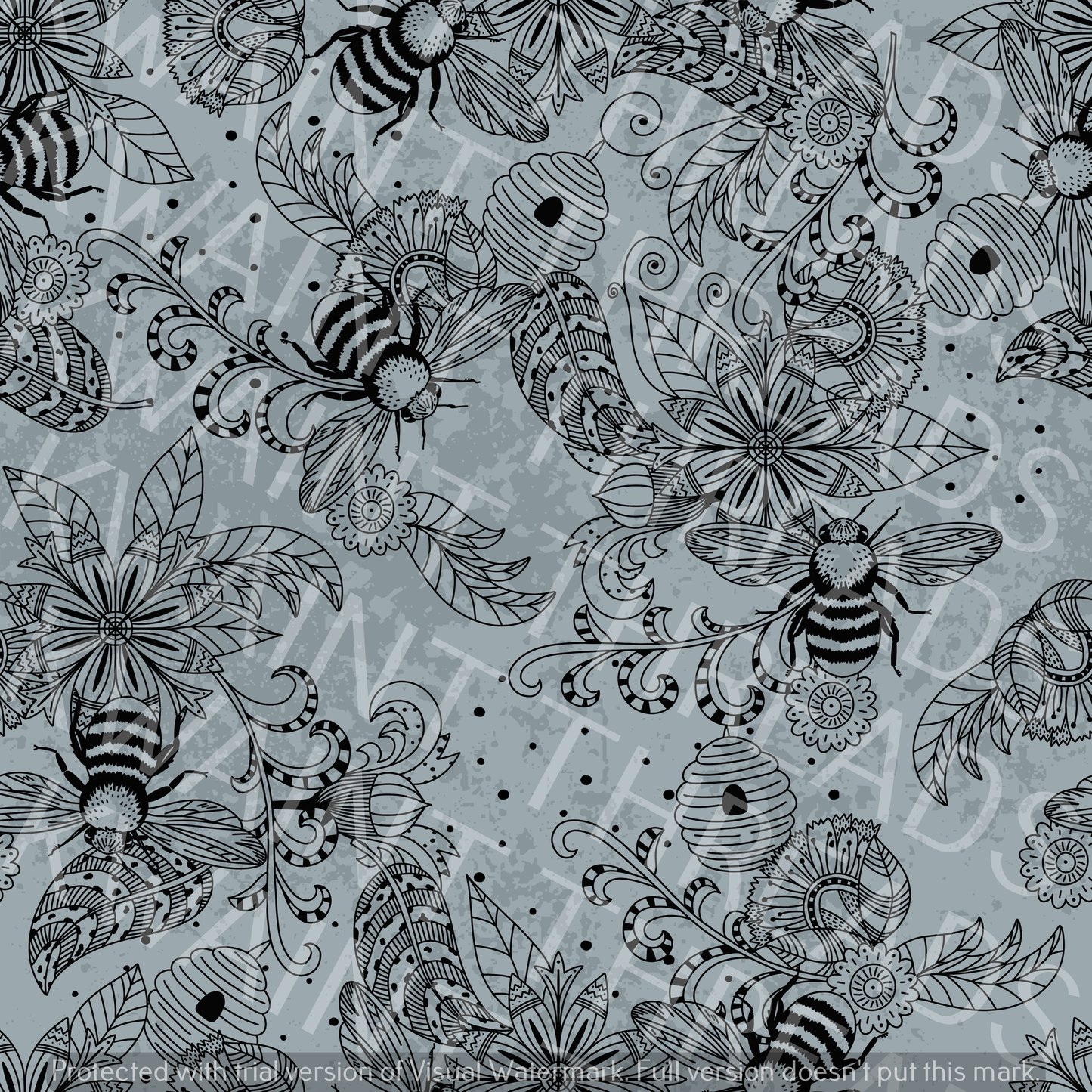 Fabric Mama Bees Monochrome Grey Fabric On Demand Pre