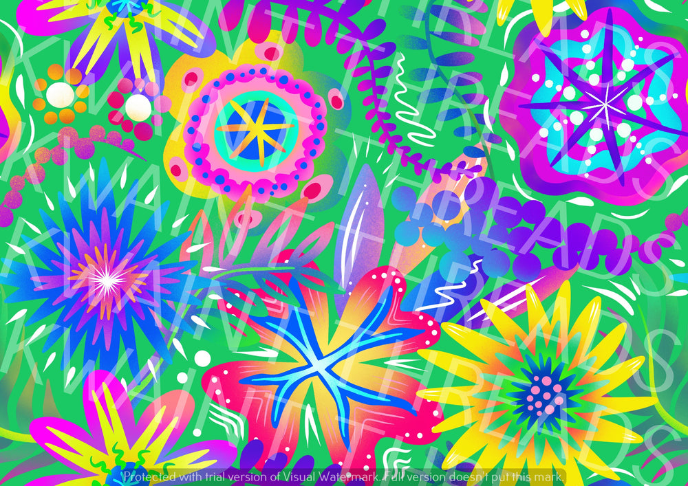 Karly Art Psychadelic Flowers Green Fabric On Demand Pre Order