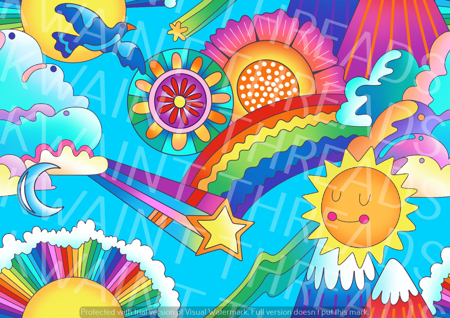 Karly Art Sunny Paradise Blue Suns Stars Rainbow Fabric On Demand Pre Order