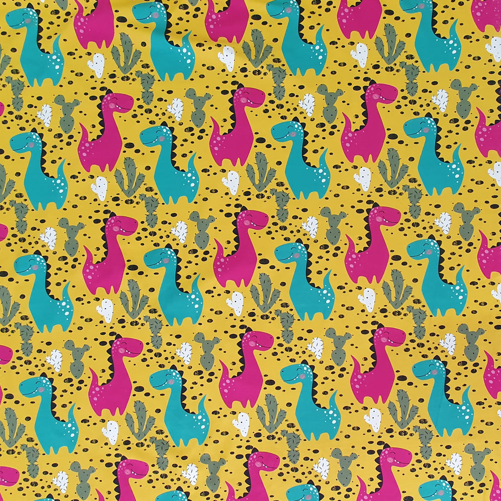Tygdrommar Dinosaur Yellow Organic Cotton Knit Fabric Australia
