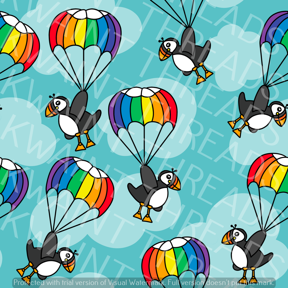 Fabric Mama Parapuffs Parachuting Puffins Fabric On Demand Pre Order