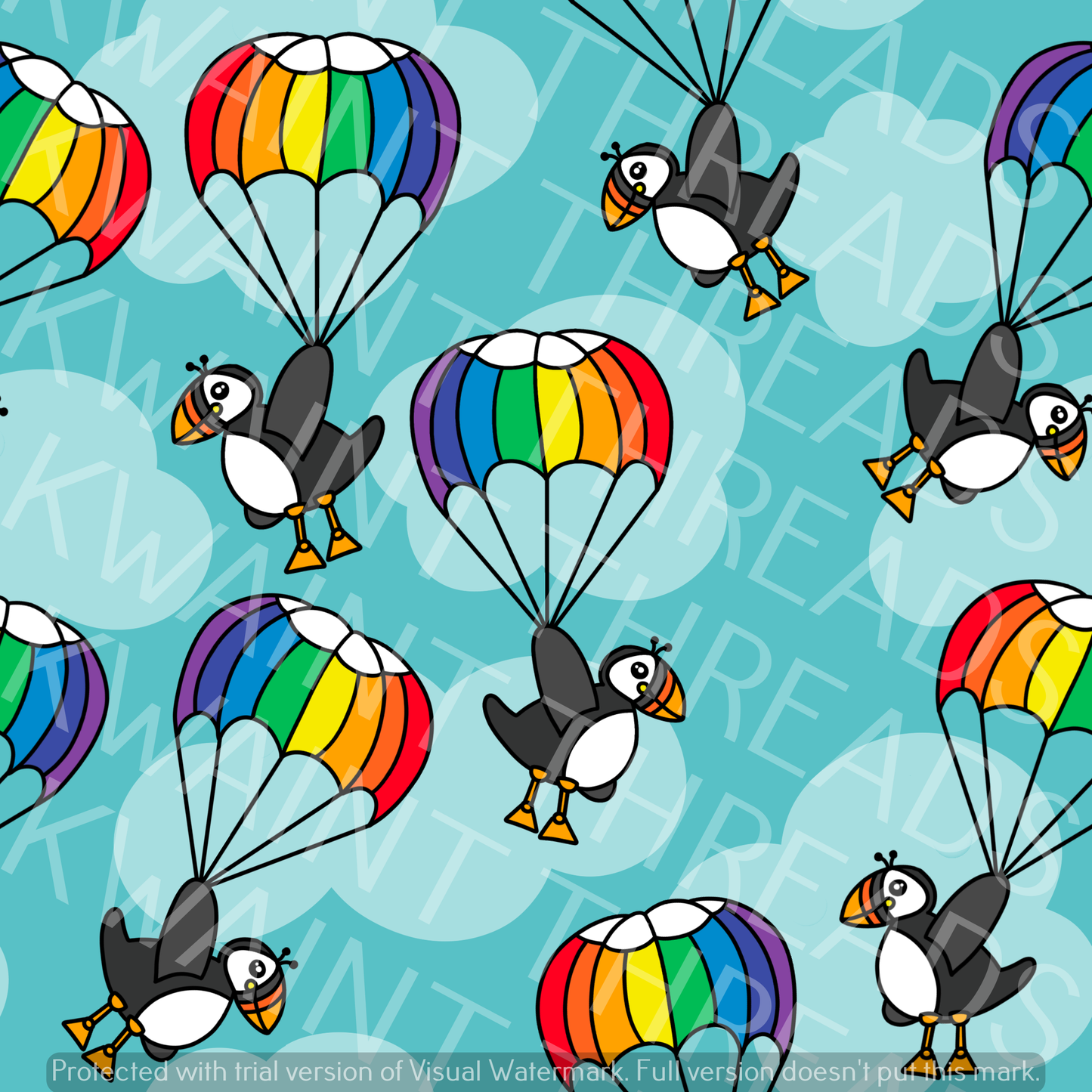 Fabric Mama Parapuffs Parachuting Puffins Fabric On Demand Pre Order