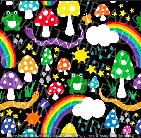 Fabric Mama Rainbow Mushroom Village Black Fabric On Demand Pre Order