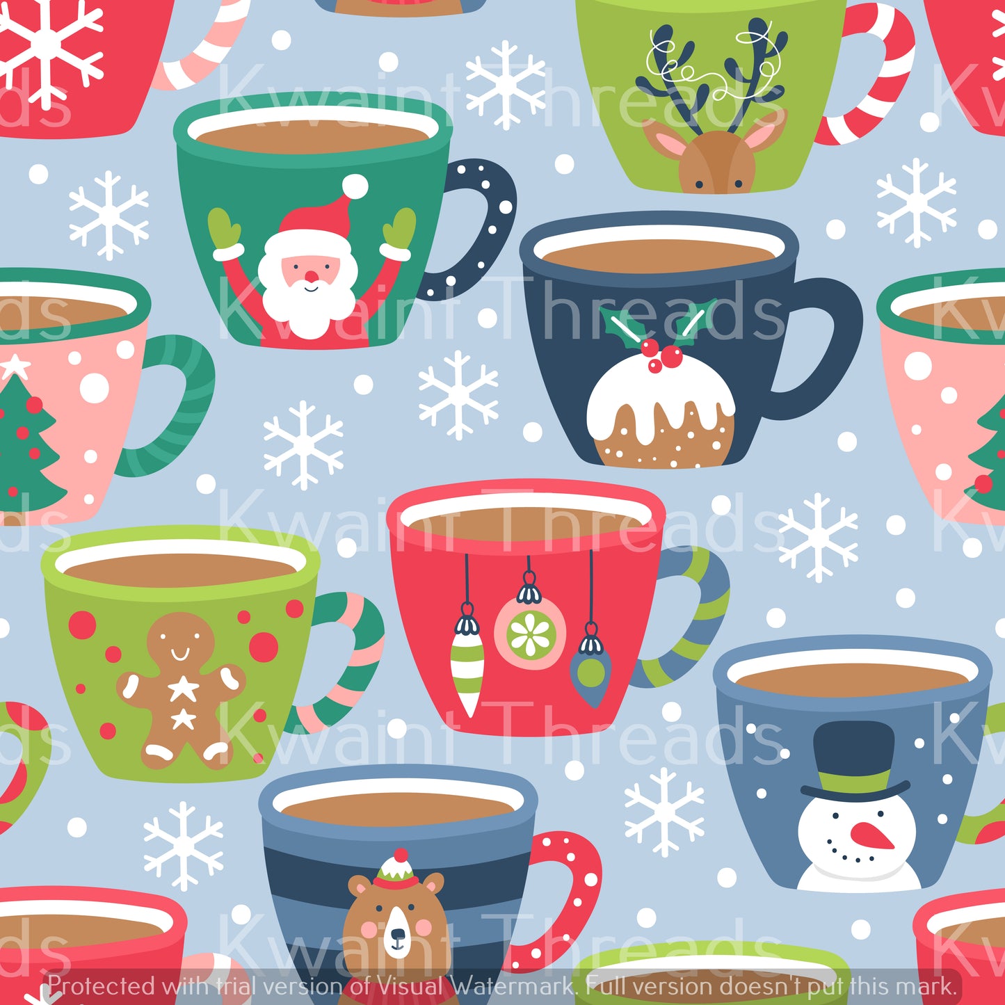 Kwaint Christmas Tea Cups Blue Preorder On Demand Printed Fabric