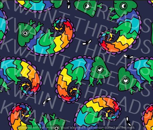 Fabric Mama Rainbow Chameleons Navy Fabric On Demand Pre Order