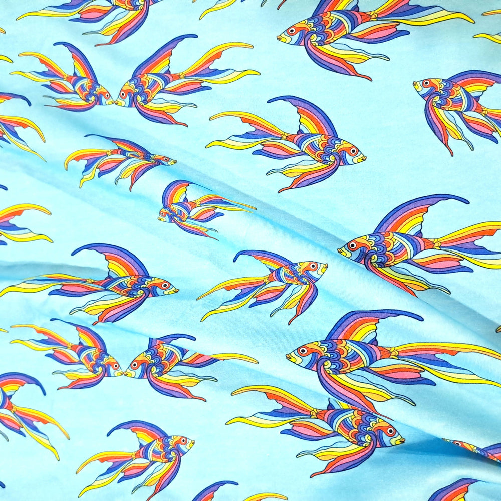 Karly Art Rainbow Fish Blue Turquoise Cotton Lycra Fabric