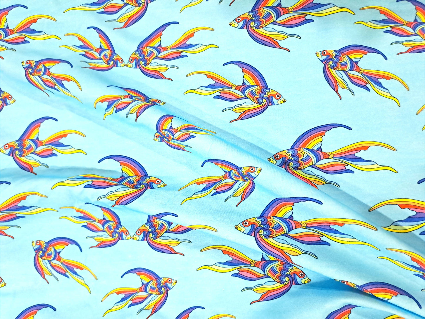 Karly Art Rainbow Fish Blue Turquoise Cotton Lycra Fabric