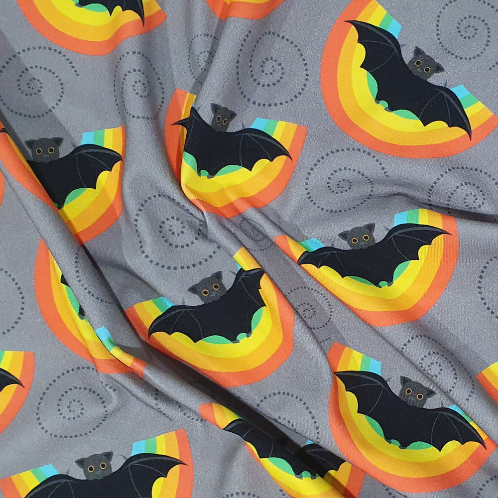 Fabric Mama Hanging Around Halloween Bats Grey Organic Cotton Lycra Jersey Knit