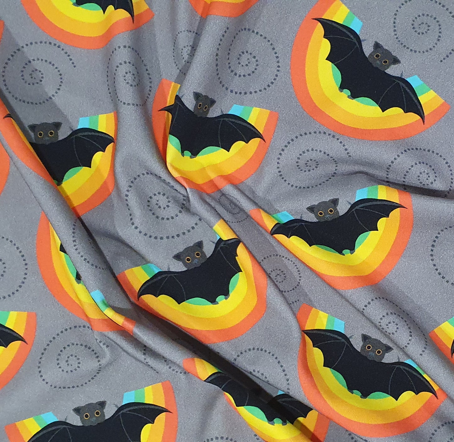 Fabric Mama Hanging Around Halloween Bats Grey Organic Cotton Lycra Jersey Knit