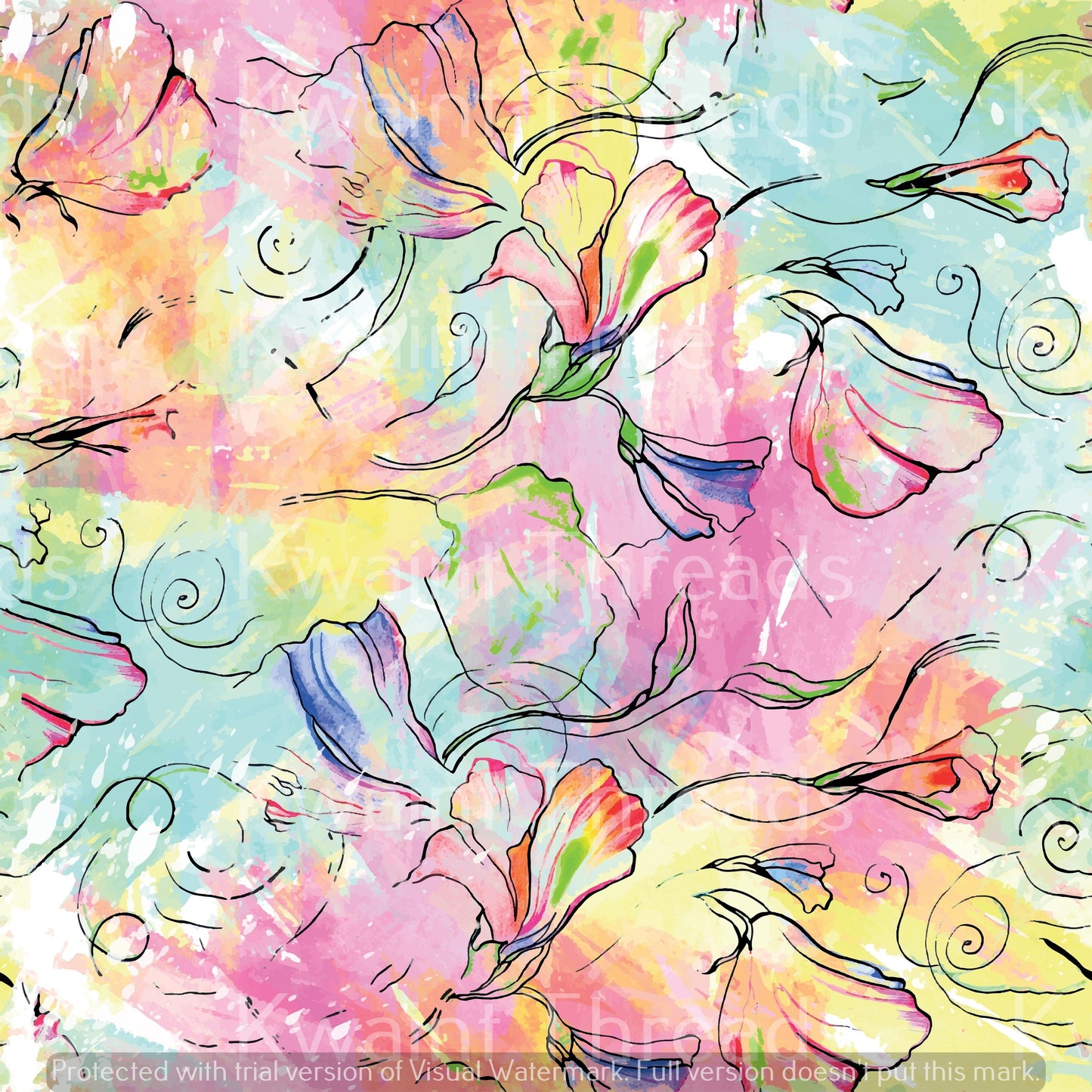 Kwaint Rainbow Pastel Flowers and Swirls Pre order Fabric