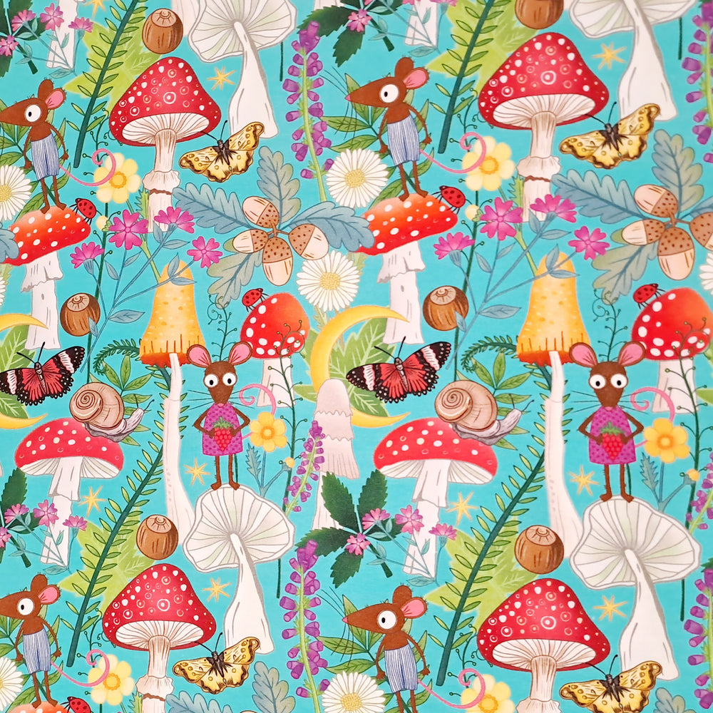 Karly Art Mouse & Mushrooms Teal Organic Cotton Lycra GOTS 220gsm