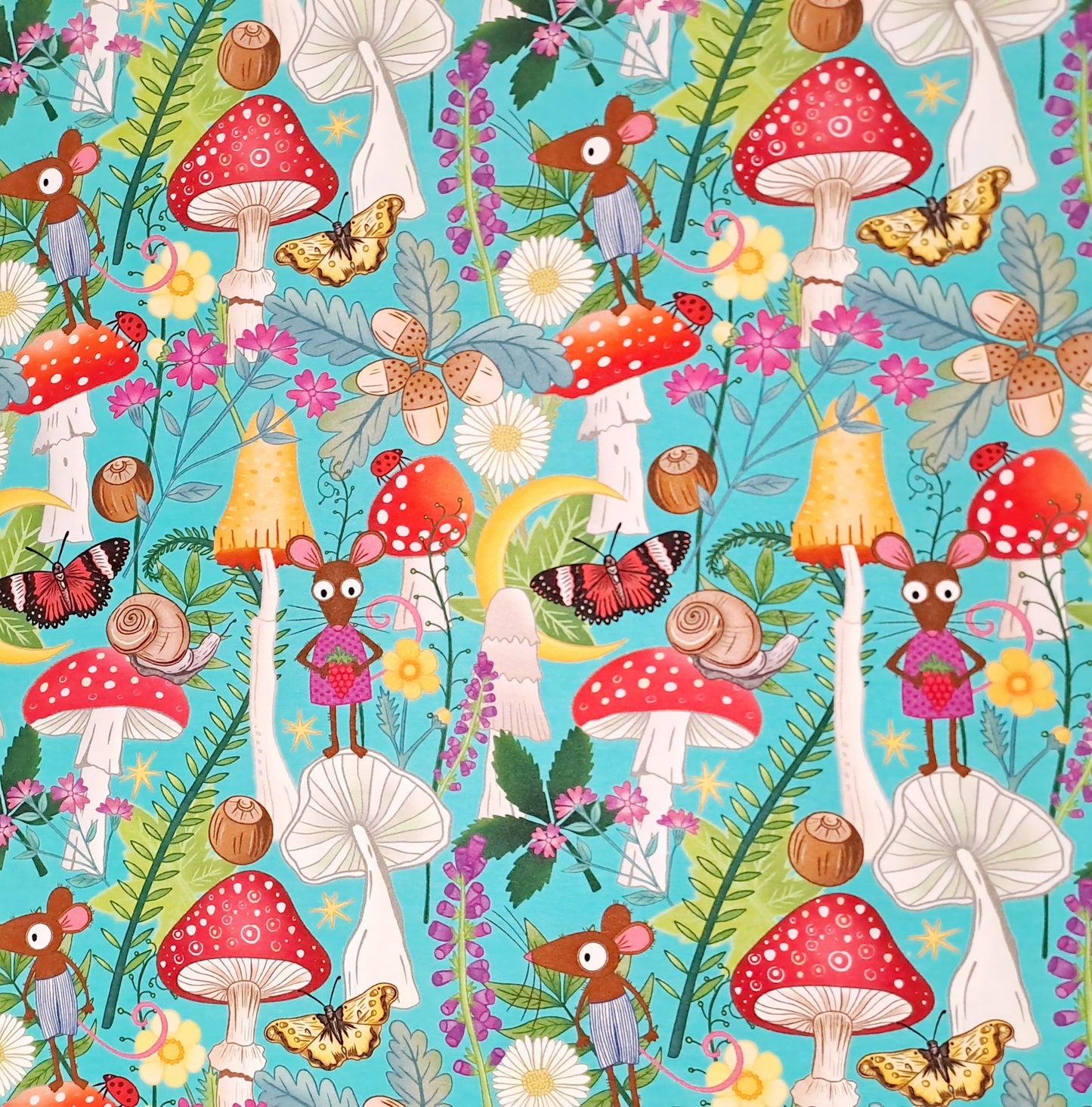 Karly Art Mouse & Mushrooms Teal Organic Cotton Lycra GOTS 220gsm