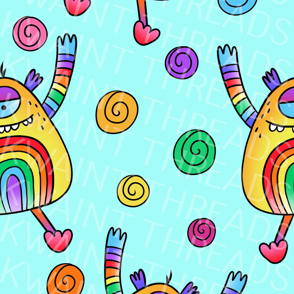 Karly Art Little Weirdos Rainbow Bob Blue Monster Fabric On Demand Pre Order