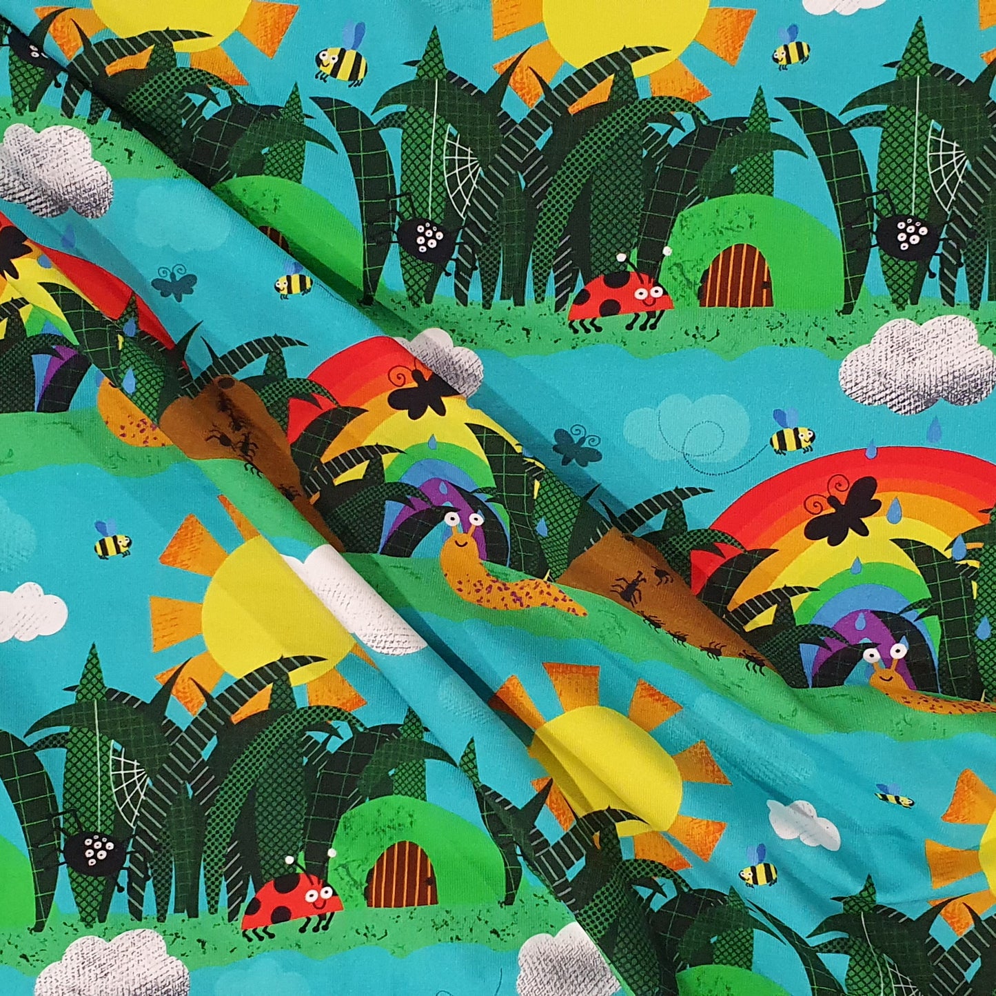 Fabric Mama Little Beasties Insects Organic Cotton Lycra Jersey Knit Fab