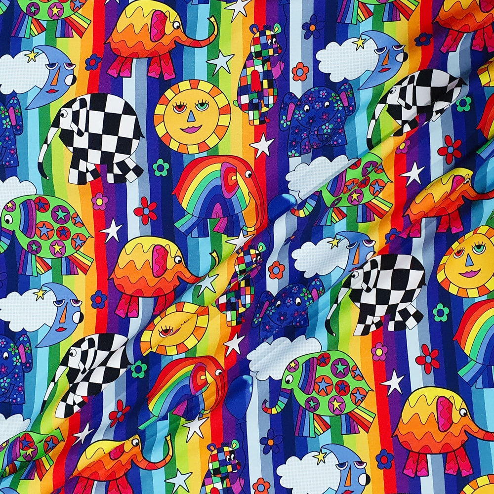 Juels Rainbow Elephants Organic Cotton Lycra Jersey Multicoloured Knit Fabric