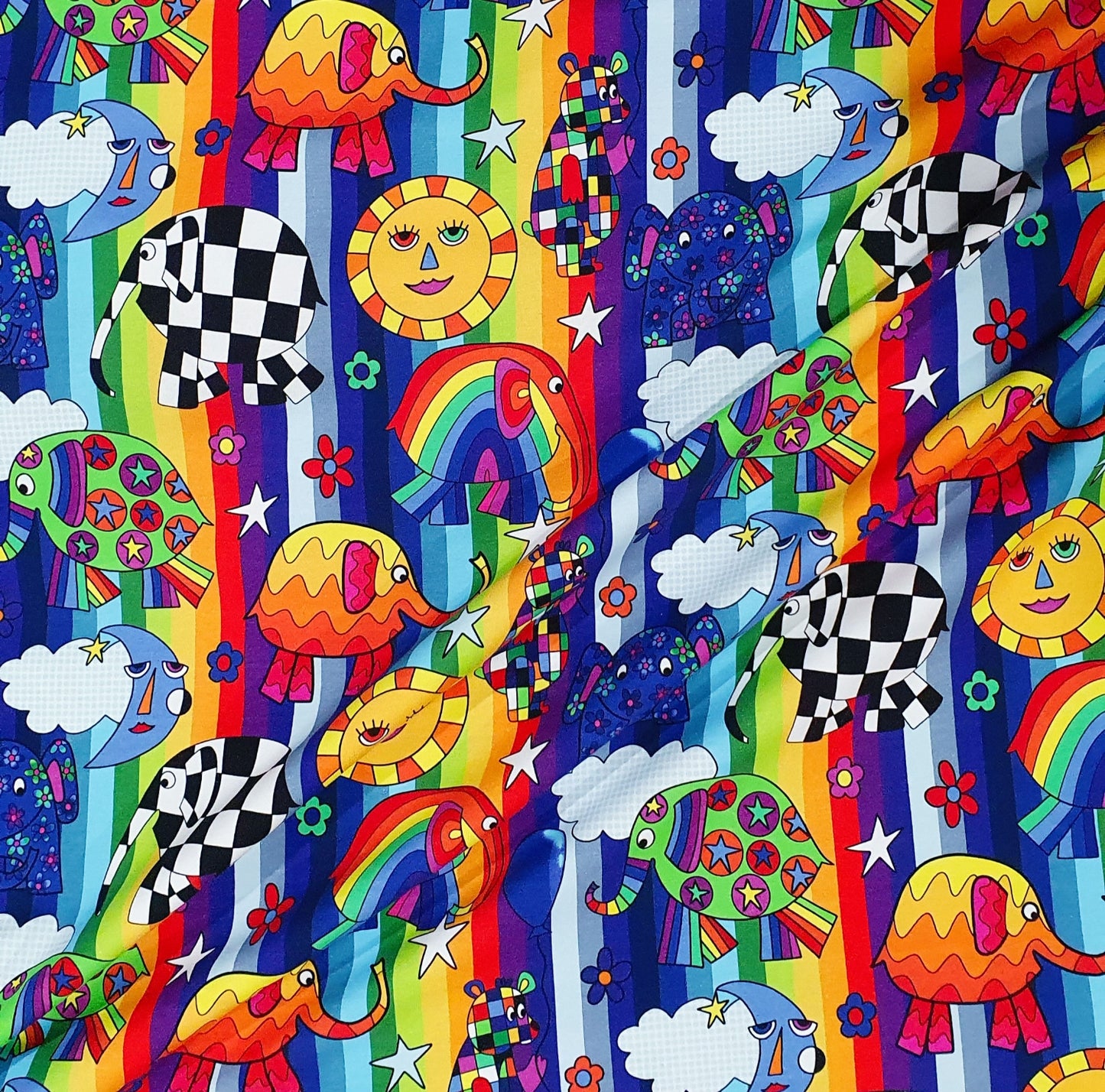 Juels Rainbow Elephants Organic Cotton Lycra Jersey Multicoloured Knit Fabric