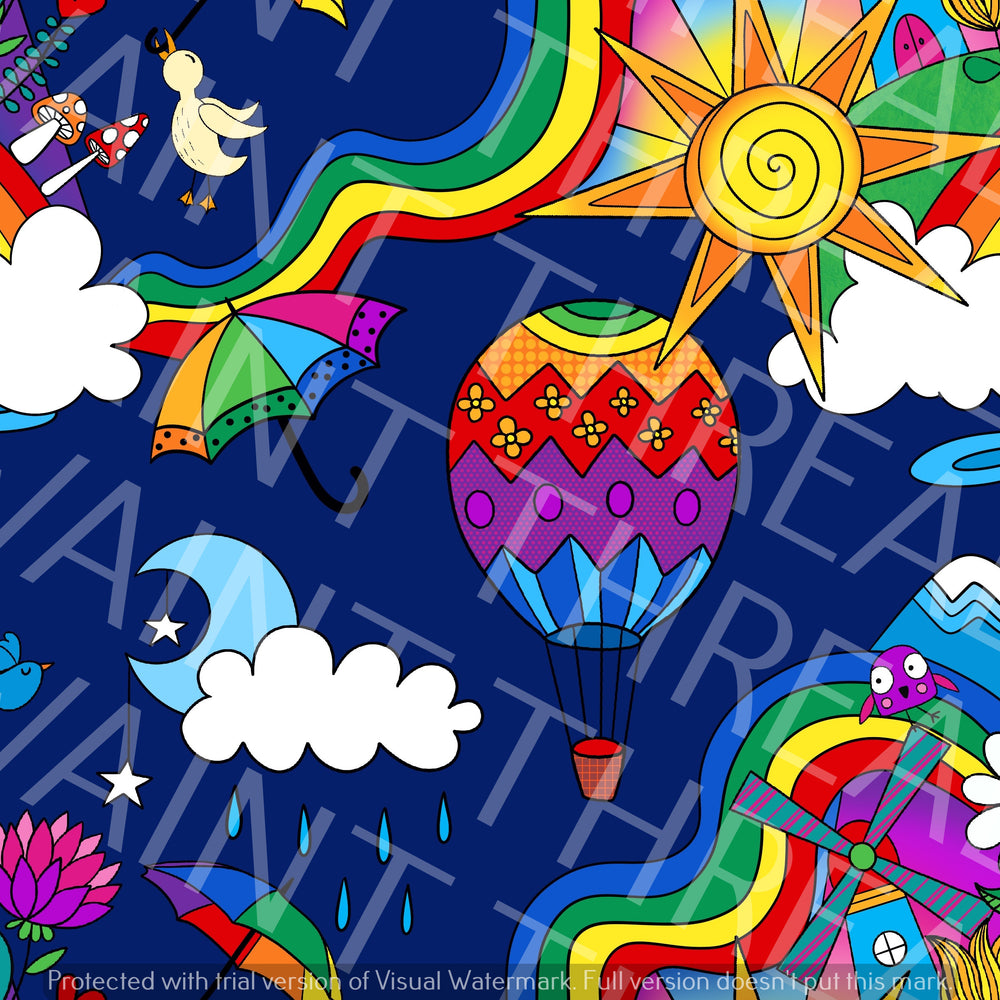 Karly Art Rainbow City Landscape Navy Fabric On Demand Pre Orde