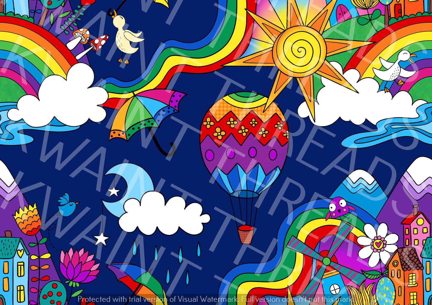 Karly Art Rainbow City Landscape Navy Fabric On Demand Pre Orde