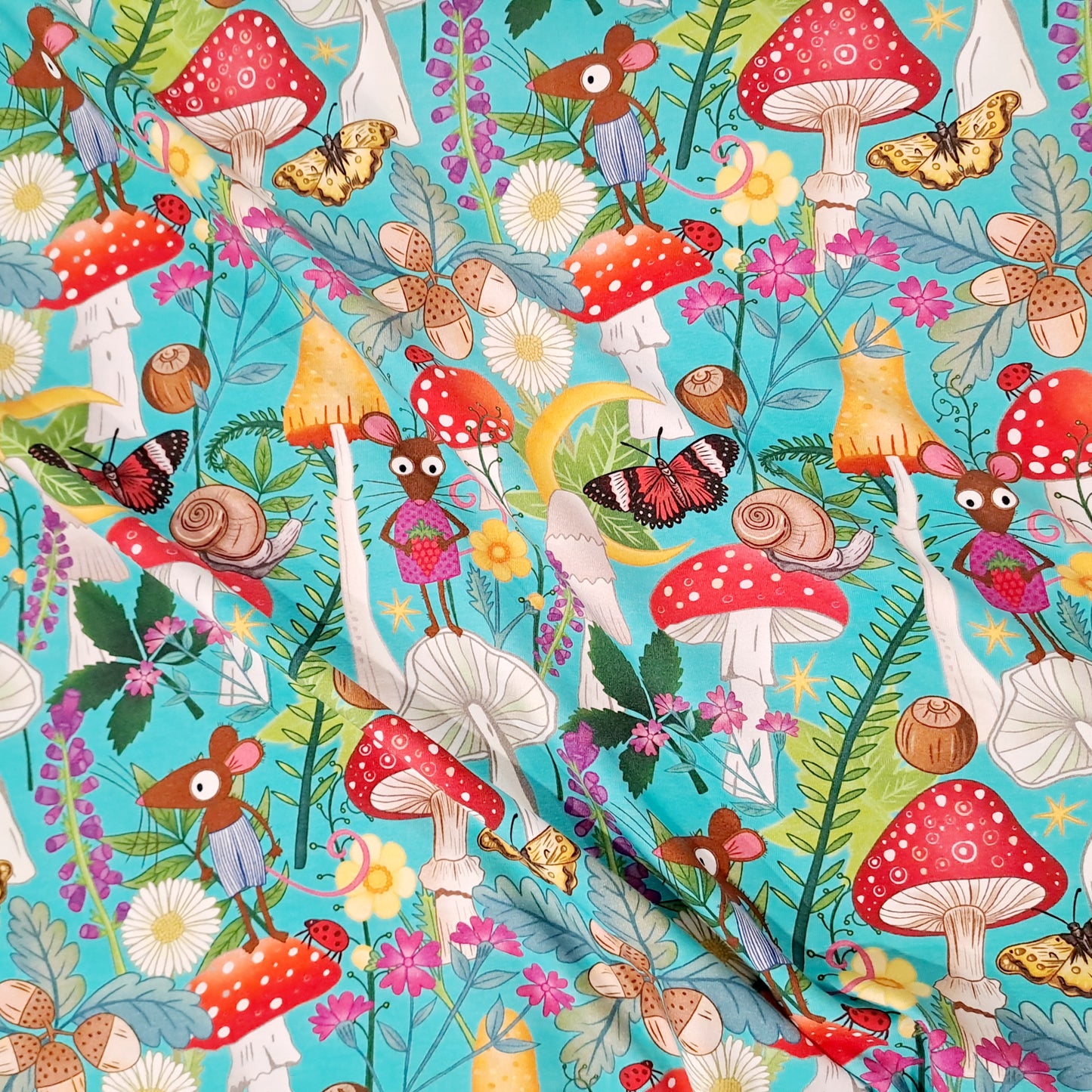 Karly Art Mouse & Mushrooms Teal Organic Cotton Lycra GOTS 220gsm