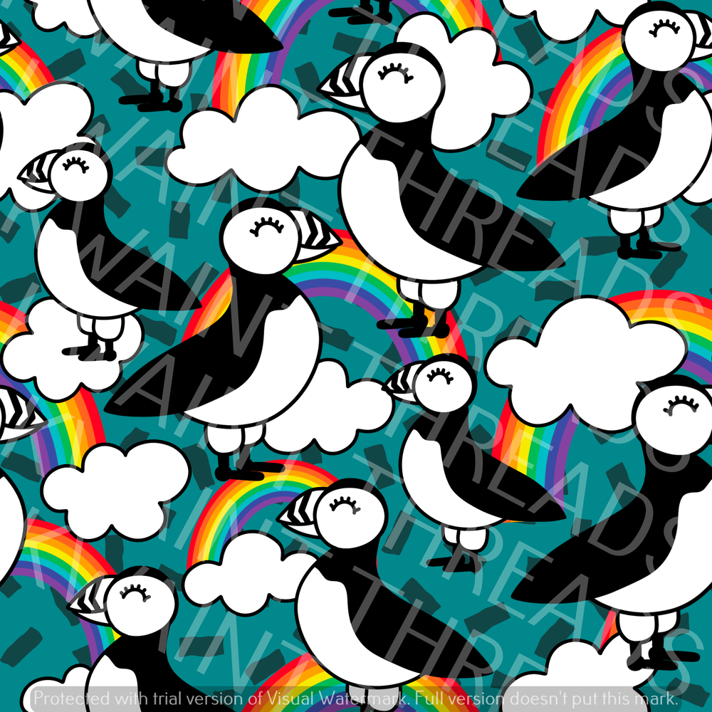 Fabric Mama Puffy Clouds Rainbow Puffins Fabric On Demand Pre Order