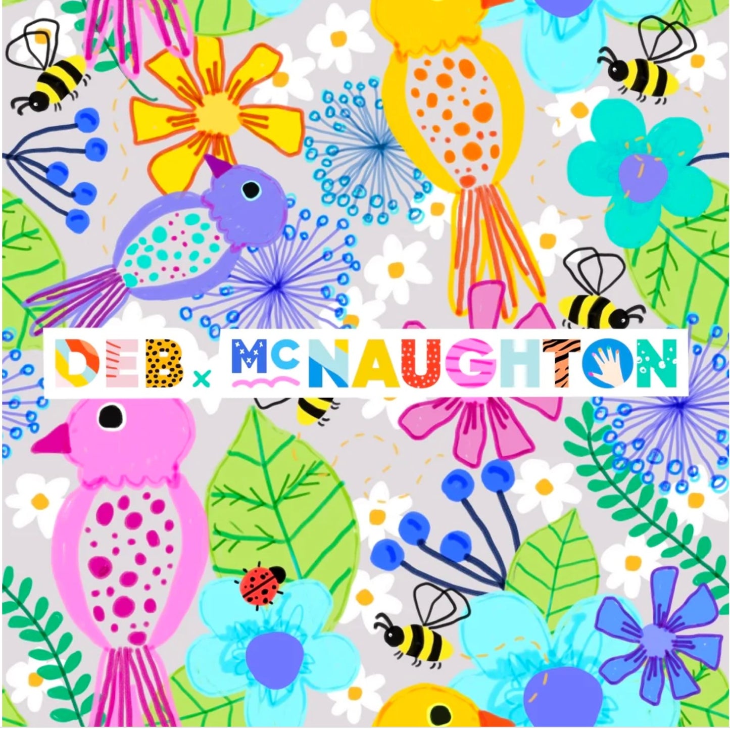 Deb McNaughton Grannys Garden Grey Artist Print Fabric On Demand Pre Or