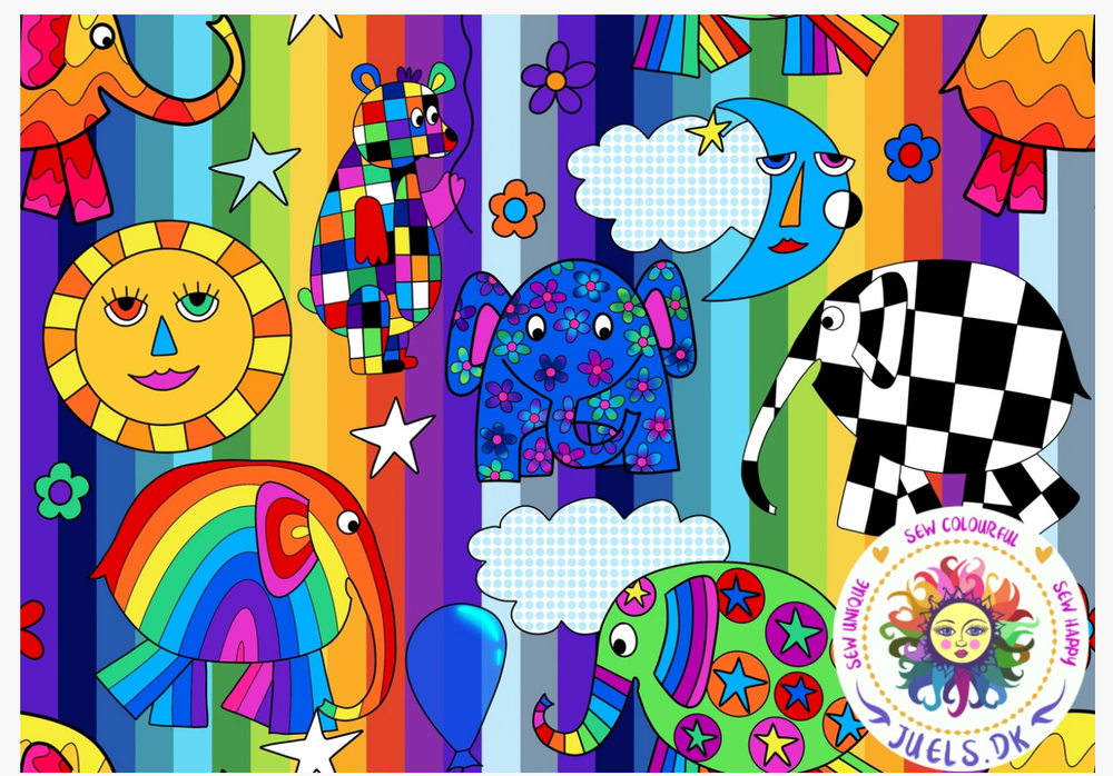 
                      
                        Juels Rainbow Elephants Organic Cotton Lycra Jersey Multicoloured Knit Fabric
                      
                    