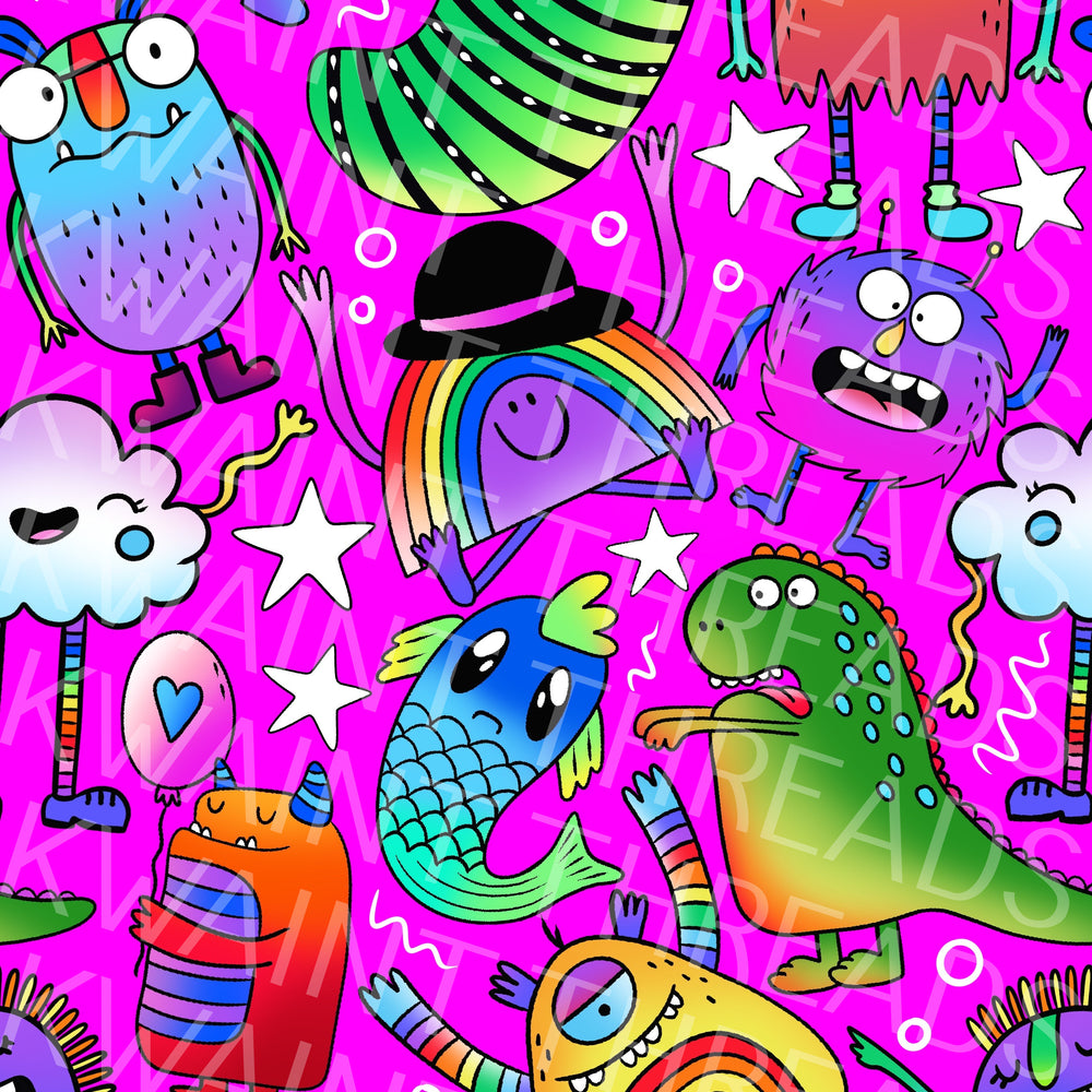 Karly Art Little Weirdos All The Monsters Pink Fabric On Demand Pre O
