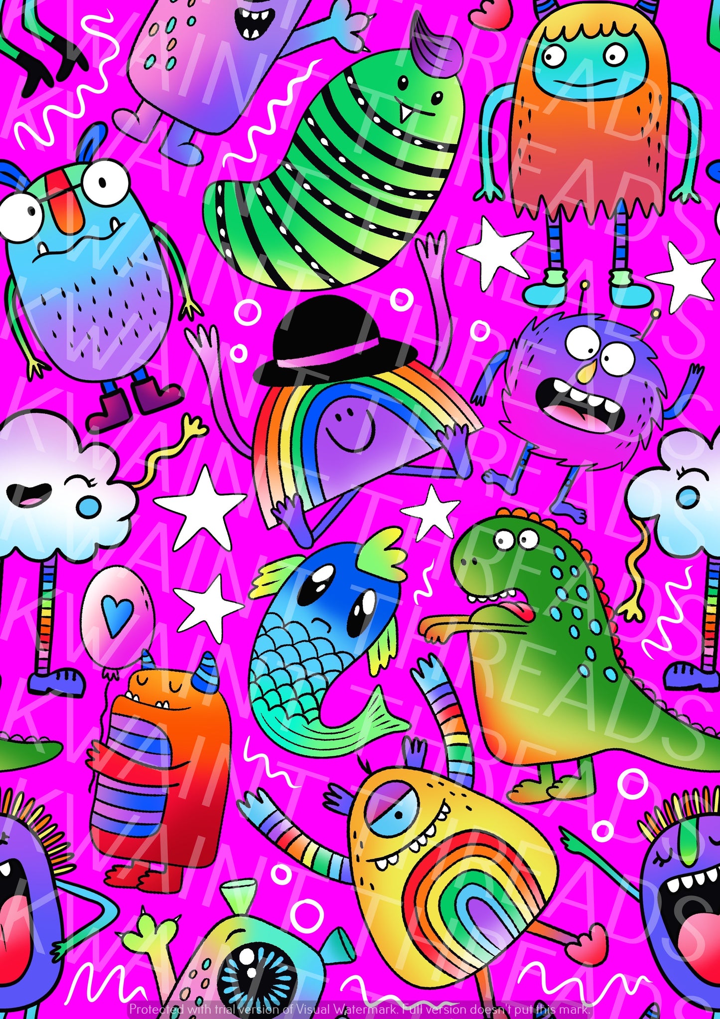 Karly Art Little Weirdos All The Monsters Pink Fabric On Demand Pre O