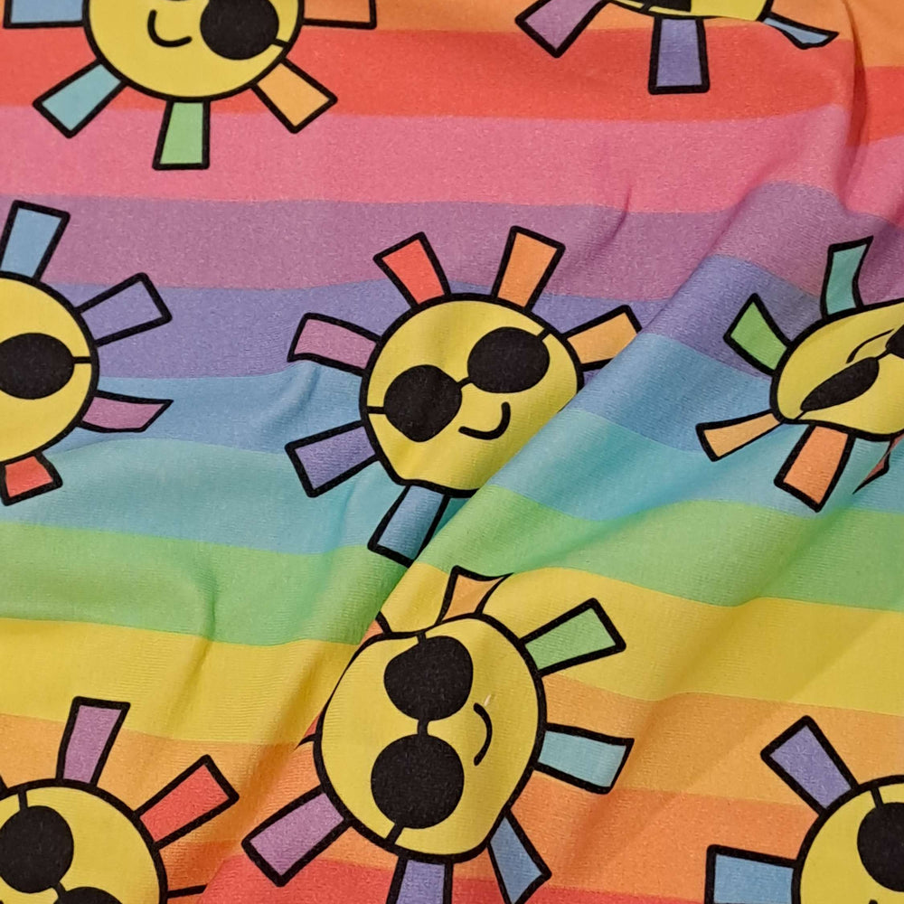 Fabric Mama Sunshine Happy Suns Rainbow Stripes Organic Cotton Lycra 220gsm