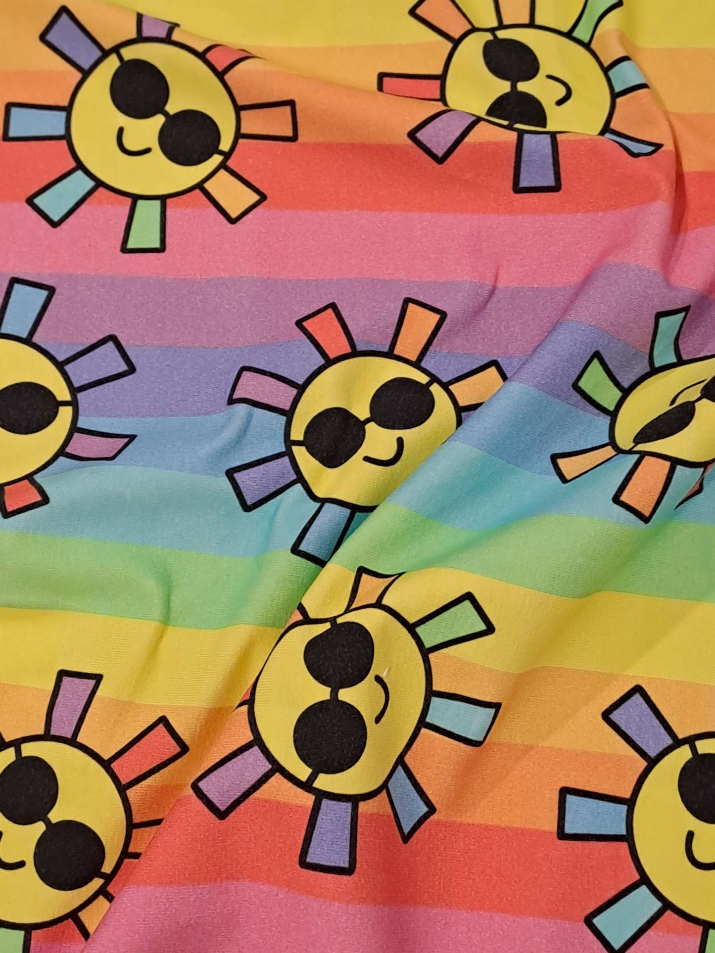 Fabric Mama Sunshine Happy Suns Rainbow Stripes Organic Cotton Lycra 220gsm