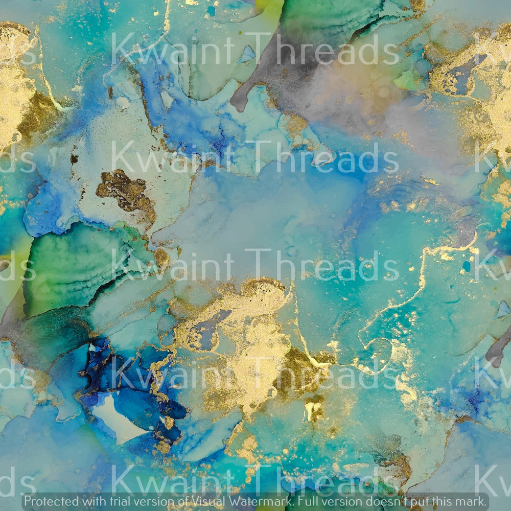 Kwaint Ink  Watercolour Marble Blue Green Gold Pre order Fabric