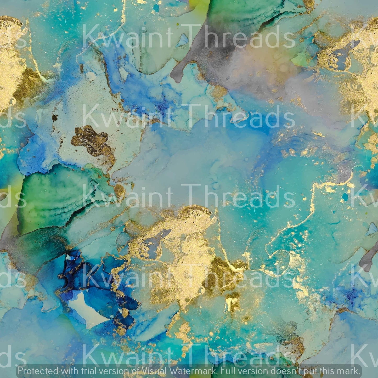 Kwaint Ink  Watercolour Marble Blue Green Gold Pre order Fabric