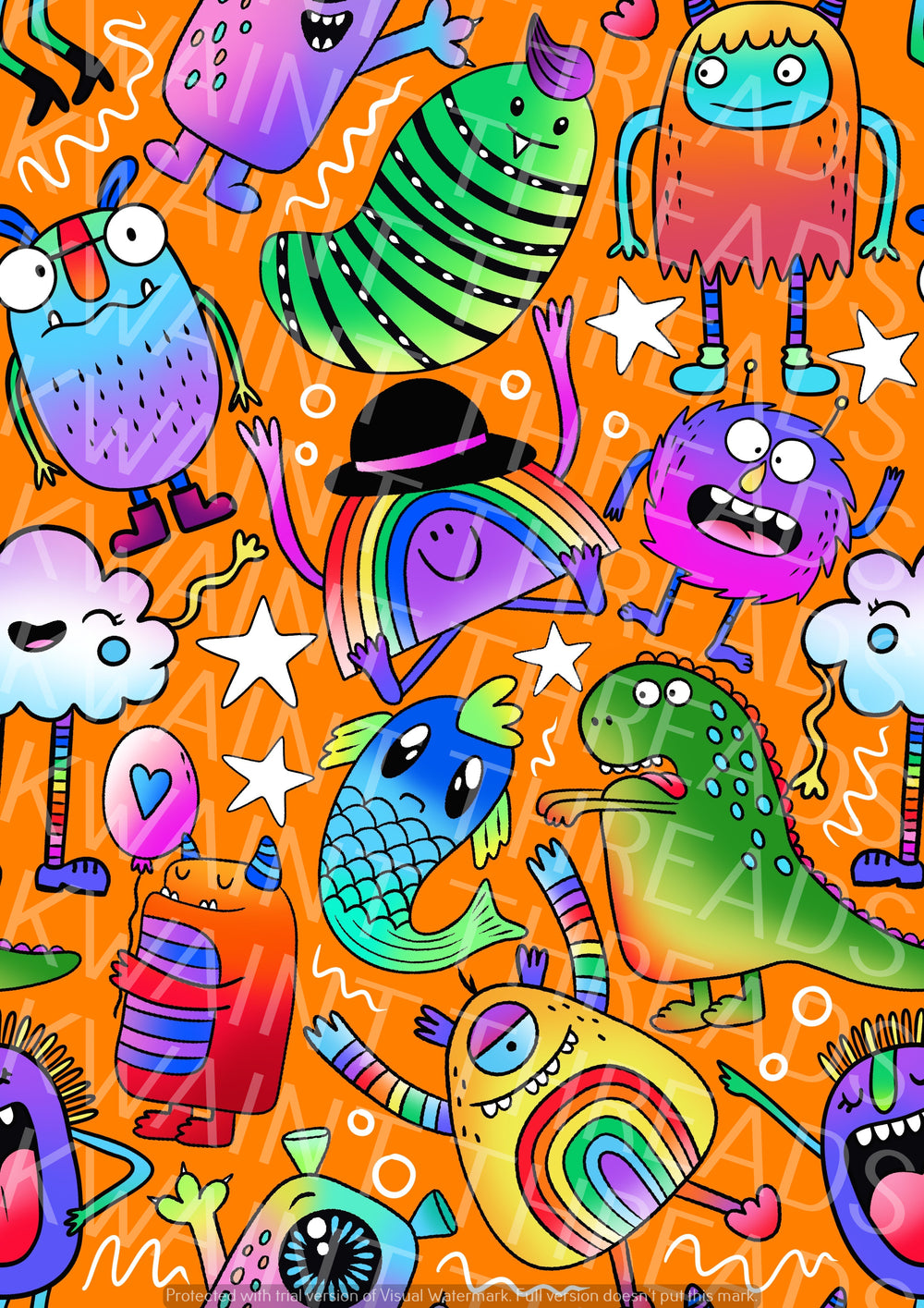 Karly Art Little Weirdos All The Monsters Orange Fabric On Demand Pre O