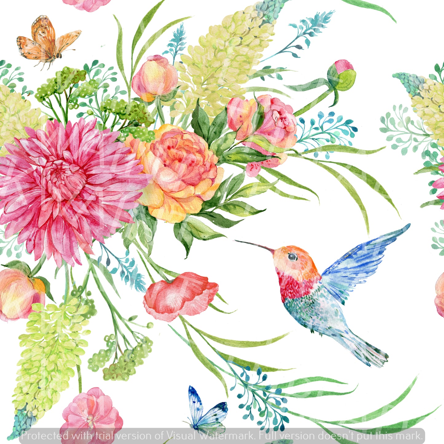 Hummingbirds and Flowers Pre order Floral fabric bouquet of flowers